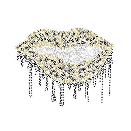 MAYJOYDIY Leoparden Lippenmotiv Strass Aufbügler Lippen Strass Wärmeübertragung Leopardenmuster Quaste 20.8 × 16.7cm Kristall Strass Bling Patch Kleidungsreparatur Applikation T Shirt Jacken Dekor von MAYJOYDIY