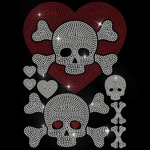 MAYJOYDIY Love Skull Strass Bügelbild Hotfix Strass Herz gekreuzte Knochen Transfer Applikation Wärmeübertragung Aufkleber Kleidung Reparatur Kristall Patch für Kleidung Schuhe Taschen Hüte Dekoration von MAYJOYDIY