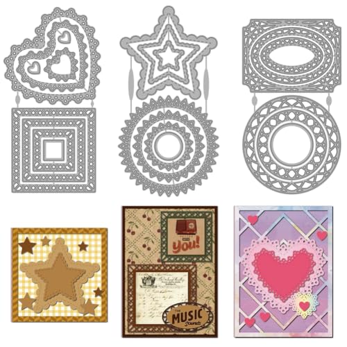 MAYJOYDIY Metall-Stanzformen mit Spitzenrahmen, Herzform, Stern-Kreis, Metallprägeschablone, geometrische Karbonstahl-Stanzformen für DIY, Scrapbooking, Fotoalbum, Papierprägung, Kartenherstellung, von MAYJOYDIY