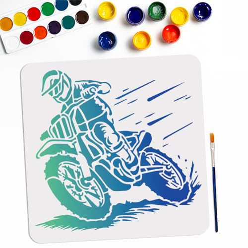 MAYJOYDIY Motocross Schablonen 30×30cm große quadratische Motorrad Schablone mit Pinsel auf Holz, Leinwand, Papier, Stoff, Wand und Möbel von MAYJOYDIY