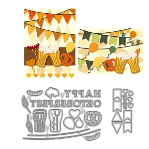 MAYJOYDIY Oktoberfest Bier Stanzformen Bier Brot Muster Metall Stanzformen Liebesballons Feiertagsflaggen Präge Stanzformen Mit Text „HAPPY OKTOBERFEST“ Für Scrapbooking Party DIY Basteln von MAYJOYDIY