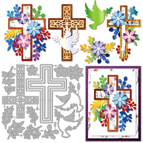 MAYJOYDIY Osterblumenkreuz Stanzformen Zum Basteln von Karten Tauben Olivenblatt Metall Stanzformen Religiöser Kreuzrahmen Präge Und Schneideschablone Für Scrapbooking Bastelpapier Osterkarten von MAYJOYDIY