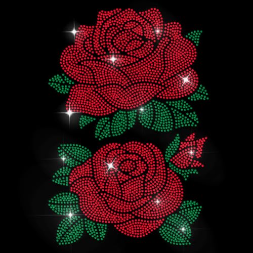 MAYJOYDIY Roses Rhinestone Iron on Hotfix Transfer Decal Red Flower Leaves Bling DIY Patch Repair Crystal Hot Fix Applique for T-Shirt Jacket Bag Jeans Craft Clothing Accessory von MAYJOYDIY