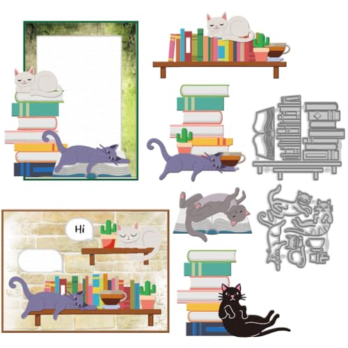 MAYJOYDIY Schönen Katzenbüchern Metall Stanzformen Schrullige Faule Katze Präge Stanzformen Bücherregale Kaffeekatze Stanzformen Aus Karbonstahl Für DIY Karten Scrapbooking Fotoalben Basteldekoration von MAYJOYDIY