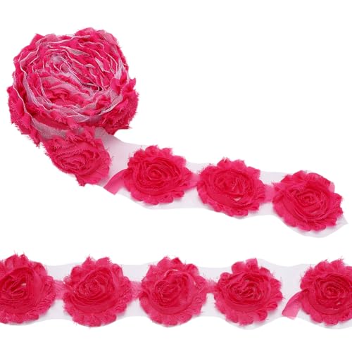 MAYJOYDIY Spitzenbesatz Aus Chiffon Mit Rosen 4.5 m X 65mm Heißes Rosa Shabby Blumenbesatz Geflochtene Spitzenborte Applikation Besatz Basteln Zum Nähen Hochzeitskleid Dekoration Zubehör von MAYJOYDIY