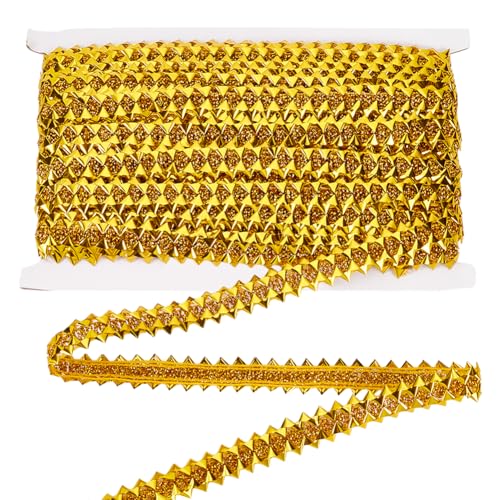 MAYJOYDIY Spitzenbesatz Geflochten 12m×20mm Goldfarben Metallic Dreieckiges Spitzenband Mit Spitzen Kanten Stilvoller Glitzernder Gimp Besatz Für Hochzeits Brautkostüm Oder Schmuck Basteln Nähen von MAYJOYDIY