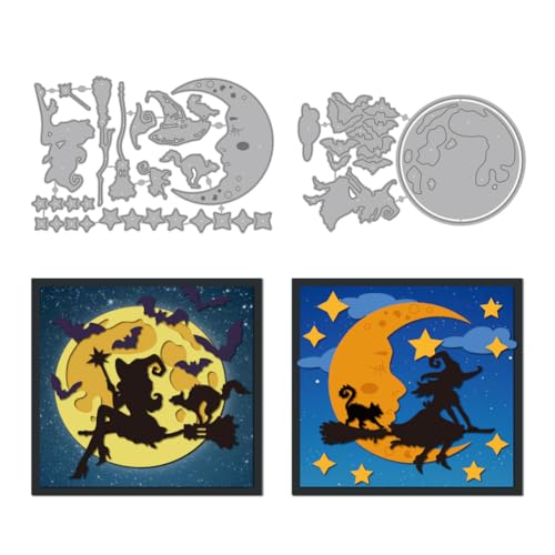 MAYJOYDIY Stanzformen Mit Fliegendem Besen Und Hexe Mond Sterne Fledermäuse Metall Stanzformen Magische Schwarze Katze Präge Für Scrapbooking Bastelpapier Halloween Karten Geschenkdekoration von MAYJOYDIY