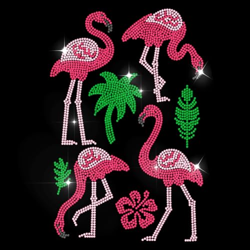 MAYJOYDIY Strass Aufbügler Mit Rosa Flamingo Und Kokosnussbaum Hotfix Transferfolie Strass Vorlage Mit Grünen Blättern Blumen Kristall Wärmetransfer Aufkleber Zum Aufbügeln Auf T Shirts Taschen Hüte von MAYJOYDIY