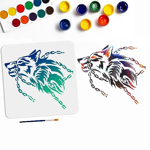 MAYJOYDIY Wolf Schablone Wolf Eisenkette Malschablonen Wiederverwendbare Wolfskopf Vorlage 30 × 30cm Mit Pinsel Tierschablonen Zum Malen Auf Holz Stoff Wände von MAYJOYDIY