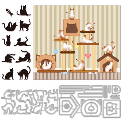 MAYJOYDIY Yoga Katzen Stanzformen Tier Katzen Metall Stanzungen Süße Katzen Fisch Katzenhaus Form DIY Bastelarbeit Karbonstahl Prägevorlage Für DIY Scrapbooking Fotoalbum Papier Dekorativ von MAYJOYDIY