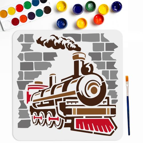 MAYJOYDIY Zug Schablone 30 × 30cm Groß Zug Dampfmaschine Lokomotive Schablonen Mit Pinsel Eisenbahn Transportfahrzeug Zeichenvorlage Für Heimwerker Basteln Möbel Holz Leinwand Papier von MAYJOYDIY