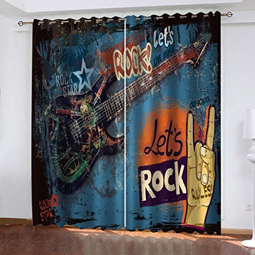 Blickdichte Vorhänge Kinderzimmer 3D Vintage Musik Gitarre Thermovorhang Kälteschutz Gardinen Mit Ösen Vorhang Wärmeisolierend 140x200 cm Verdunklungsvorhänge Wohnzimmer Schlafzimmer Modern von MAYNUO