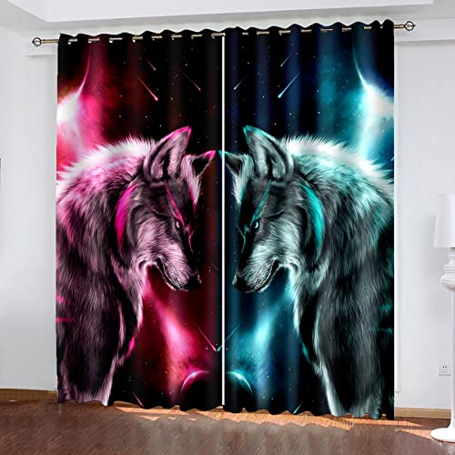 Blickdichte Vorhänge Mit Motiv 3D Modetier Wolf Kinder Gardinen Blickdicht Ösen Gardine Thermo 264x214 cm Schlafzimmer Kinderzimmer Vorhänge Dekoratives Muster, Verdunklungsvorhänge von MAYNUO