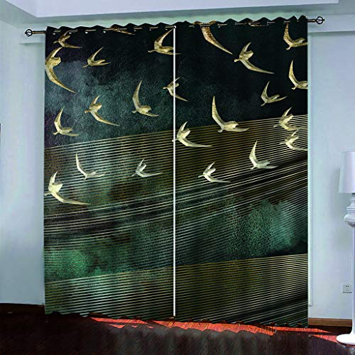 MAYNUO Thermovorhang Fensterdekoration 3D Abstrakter Golden Line Bird Gardinen Druck Verdunkelung Vorhänge Für Kinderzimmer Wohnzimmer Fenster Thermovorhang 264x214Cm 2 Stück Ösenvorhang Blickdicht von MAYNUO