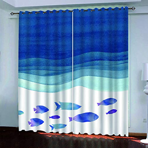 MAYNUO Thermovorhang Fensterdekoration 3D Blauer Ozean Kleine Fische Gardinen Druck Verdunkelung Vorhänge Für Kinderzimmer Wohnzimmer Fenster Thermovorhang 264x214Cm 2 Stück Ösenvorhang Blickdicht von MAYNUO