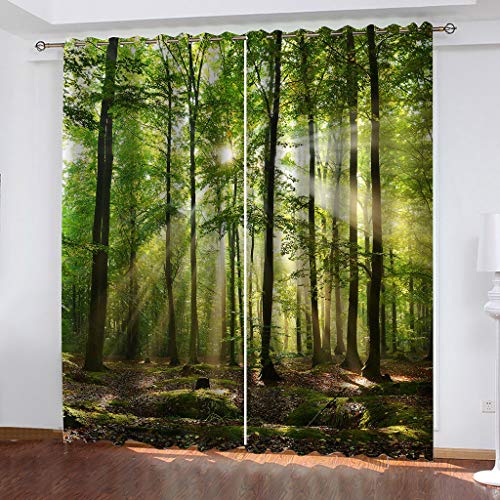 MAYNUO Verdunklungsvorhänge 3D Sonniger Grüner Wald Gardinen Mit Ösen Blickdichte Vorhänge Für Schlafzimmer Wohnzimmer 200x160 cm Vorhang Kinderzimmer Junge, 2Er Set Gardinen Mit Ösen, Abdunkelnde von MAYNUO