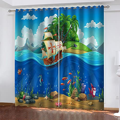 MAYNUO Verdunklungsvorhänge Kinderzimmer 3D Cartoon Piratenschiff Vorhang Kinderzimmer Blickdicht Gardinen Mädchen 140x160 cm Vorhänge Für Schlafzimmer Wohnzimmer, Verdunkelung Vorhänge Mit Ösen von MAYNUO