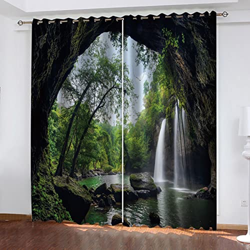 Verdunklungsvorhänge 3D Blick Auf Den Wasserfall In Der Höhle Gardinen Mit Ösen Blickdichte Vorhänge Für Schlafzimmer Wohnzimmer 200x160 Cm Vorhang Kinderzimmer Junge, 2Er Set Gardinen Mit Ösen, Abd von MAYNUO