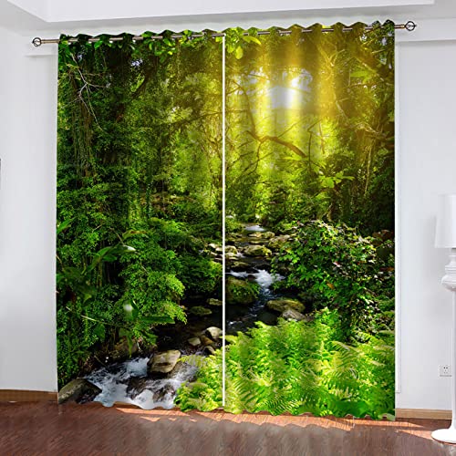 Verdunklungsvorhänge 3D Grüner Wald Bachlandschaft Gardinen Mit Ösen Blickdichte Vorhänge Für Schlafzimmer Wohnzimmer 200x160 Cm Vorhang Kinderzimmer Junge, 2Er Set Gardinen Mit Ösen, Abdunkelnde von MAYNUO