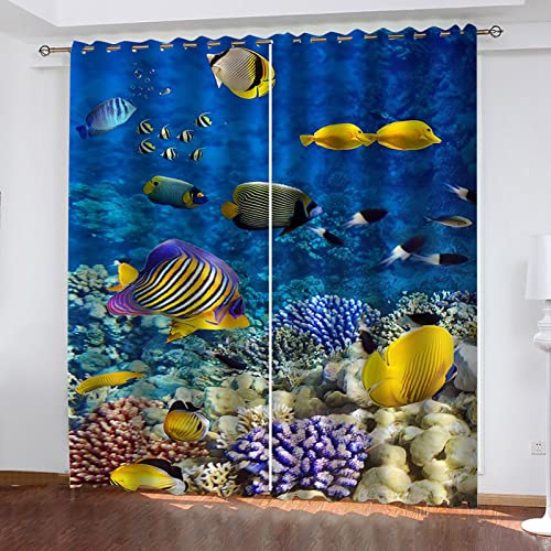 Verdunklungsvorhänge Kinderzimmer 3D Kleine Fische Unter Dem Meer Blau Vorhang Kinderzimmer Blickdicht Gardinen Mädchen 140x160 cm Vorhänge Für Schlafzimmer Wohnzimmer, Verdunkelung Vorhänge Mit Öse von MAYNUO