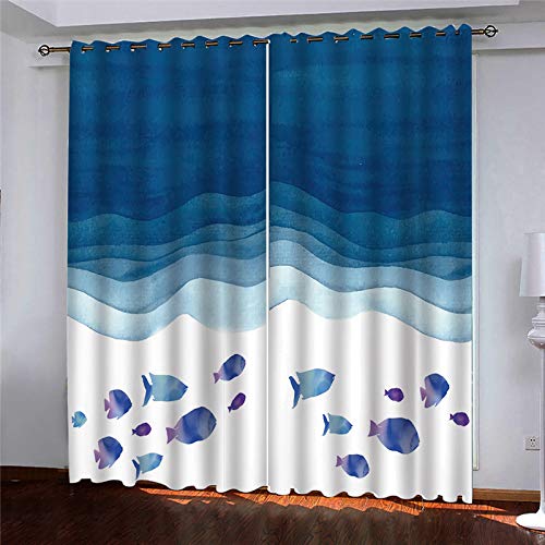 Vorhänge Wohnzimmer Blickdicht Gardinen 3D Abstrakter Blauer Ozeanfisch Super Weich Schallisoliert Thermovorhänge 264x240Cm Druck Muster Für Schlafzimmer Kinderzimmer von MAYNUO