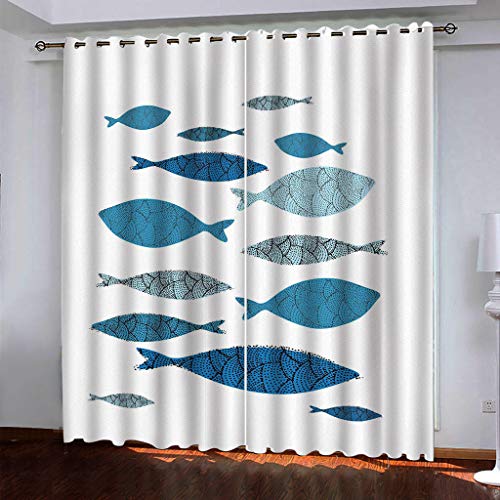 Wohnzimmer Gardinen Blauer Kleiner Fisch 2 Stück Muster Verdunkelungsvorhang Schlafzimmer 280x260Cm Thermovorhang Schlafzimmer Farben Kinderzimmer Fensterdekoration von MAYNUO