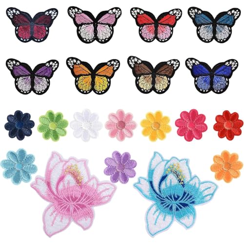 MAYOKIAAR 20 teiliges Patches zum Aufbügeln, Aufnäher Blumen und Schmetterlinge,Aufbügelbilder, Aufbügelbilder Set, Bügelapplikationen für Kleidung, Taschen und Bastelprojekte von MAYOKIAAR