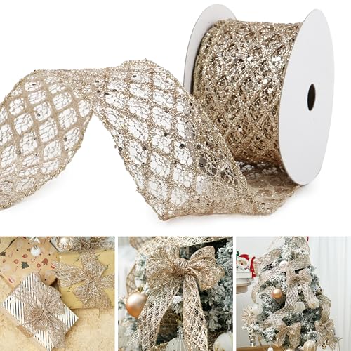 MAYREEL Glitzerband, mit Draht, 6,3 cm, Champagner, 9,1 m von MAYREEL