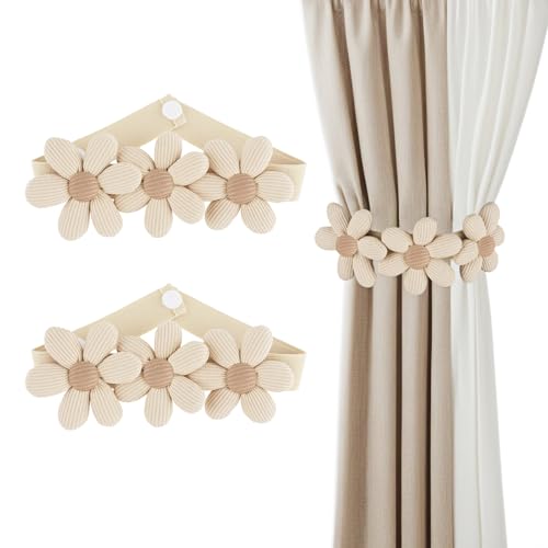 MBAIYO 2 Stück Vorhang Raffhalter, Blumen Gardinen Raffhalter Elastisch Vorhang Halter mit Verstellbaren Riemen Süße Boho Dekorative Vorhanghalter Beige Gardinen Seil für Haus Büro Kinderzimmer von MBAIYO