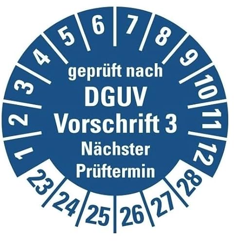 100 Stück – Mehrjahresprüfplakette „geprüft DGUV Vorschrift 3 Nächster Prüftermin 23-28“ Etikett Folie Aufkleber, blau | Ø15-40mm Made in Germany, Größe: Ø20 mm von MBS-SIGNS