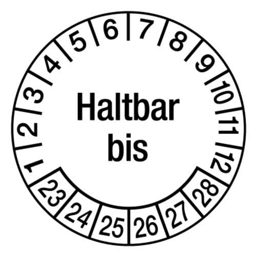 100 Stück – Prüfplakette „Haltbar bis | 23-28“ Etikett Folie Aufkleber, s/w | Ø15-40mm Made in Germany, Größe: Ø40 mm von MBS-SIGNS