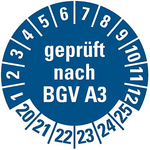 100 Stück - Prüfplakette Mehrjahresprüfplakette "geprüft nach BGV A3 | 20-25" Elektro Prüfung Etikett Folie Aufkleber, blau | Ø 20mm Made in Germany von MBS-SIGNS