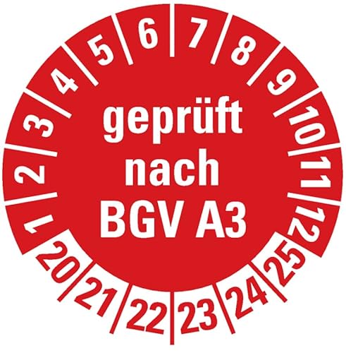 100 Stück - Prüfplakette Mehrjahresprüfplakette "geprüft nach BGV A3 | 20-25" Elektro Prüfung Etikett Folie Aufkleber, rot | Ø 30mm Made in Germany von MBS-SIGNS