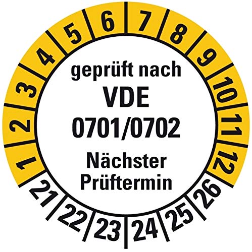 100 Stück - Prüfplakette Mehrjahresprüfplakette "geprüft nach VDE 0701/0702 Nächster Prüftermin | 21-26" Etikett Folie Aufkleber | Ø15-40mm Made in Germany, Größe: Ø30 mm von MBS-SIGNS