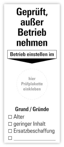 15x Grundetiketten „Geprüft, außer Betrieb nehmen“ auf Bogen Folie Feuerlöscher 4x10 cm für Prüfplaketten | Schwarz-Weiß | Ø 20-30 mm | Made in Germany von MBS SIGNS