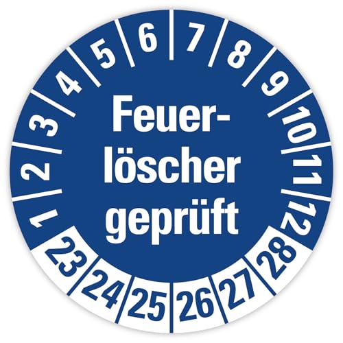 25x Prüfplaketten „Feuerlöscher geprüft 2023-2028" auf Bogen Folie, Blau | Ø 20-30 mm Made in Germany, Größe: Ø 20 mm von MBS SIGNS