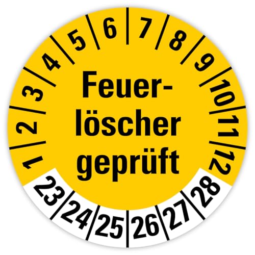 25x Prüfplaketten „Feuerlöscher geprüft 2023-2028" auf Bogen Folie, Gelb | Ø 20-30 mm Made in Germany, Größe: Ø 30 mm von MBS SIGNS