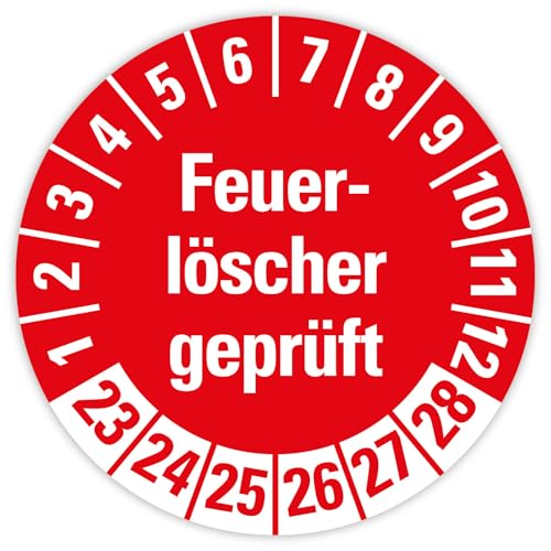 25x Prüfplaketten „Feuerlöscher geprüft 2023-2028" auf Bogen Folie, Rot | Ø 20-30 mm Made in Germany, Größe: Ø 20 mm von MBS SIGNS