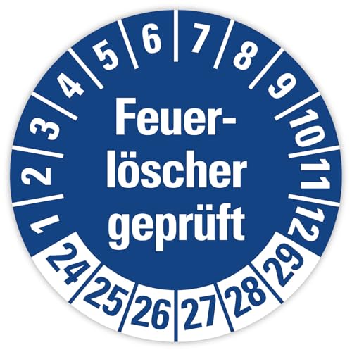 25x Prüfplaketten „Feuerlöscher geprüft 2024-2029" auf Bogen Folie, Blau | Ø 20-30 mm Made in Germany, Größe: Ø 20 mm von MBS SIGNS