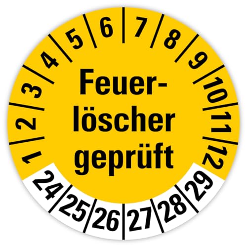 25x Prüfplaketten „Feuerlöscher geprüft 2024-2029" auf Bogen Folie, Gelb | Ø 20-30 mm Made in Germany, Größe: Ø 20 mm von MBS SIGNS