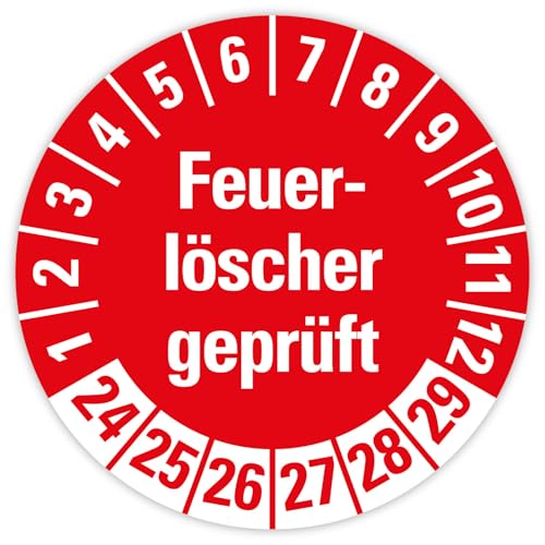 25x Prüfplaketten „Feuerlöscher geprüft 2024-2029" auf Bogen Folie, Rot | Ø 20-30 mm Made in Germany, Größe: Ø 20 mm von MBS SIGNS