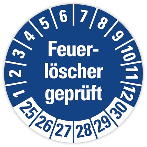 25x Prüfplaketten „Feuerlöscher geprüft 2025-2030" auf Bogen Folie, Blau | Ø 20-30 mm Made in Germany, Größe: Ø 20 mm von MBS SIGNS