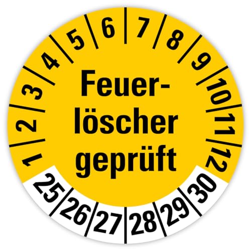 25x Prüfplaketten „Feuerlöscher geprüft 2025-2030" auf Bogen Folie, Gelb | Ø 20-30 mm Made in Germany, Größe: Ø 20 mm von MBS SIGNS