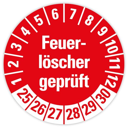 25x Prüfplaketten „Feuerlöscher geprüft 2025-2030" auf Bogen Folie, Rot | Ø 20-30 mm Made in Germany, Größe: Ø 20 mm von MBS SIGNS