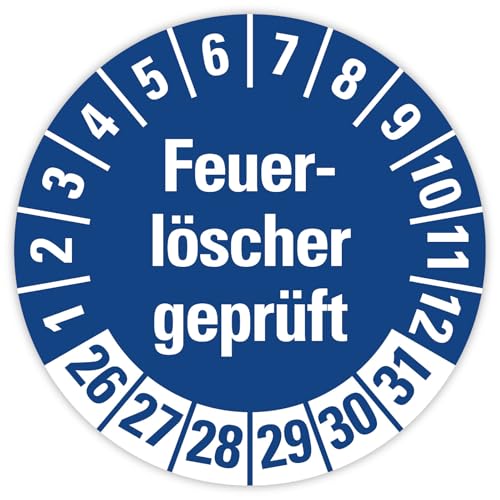 25x Prüfplaketten „Feuerlöscher geprüft 2026-2031" auf Bogen Folie, Blau | Ø 20-30 mm Made in Germany, Größe: Ø 20 mm von MBS SIGNS