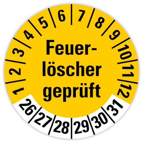 25x Prüfplaketten „Feuerlöscher geprüft 2026-2031" auf Bogen Folie, Gelb | Ø 20-30 mm Made in Germany, Größe: Ø 20 mm von MBS SIGNS