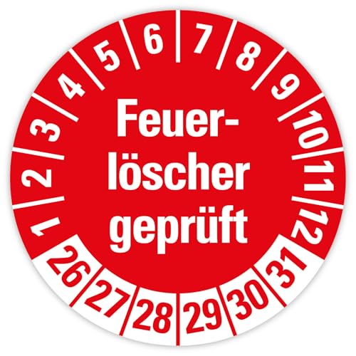 25x Prüfplaketten „Feuerlöscher geprüft 2026-2031" auf Bogen Folie, Rot | Ø 20-30 mm Made in Germany, Größe: Ø 20 mm von MBS SIGNS