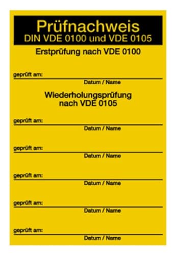 5 Stück – Prüfplakette „Prüfnachweis DIN VDE 0100 und VDE 0105“ Etikett Folie Aufkleber, signalgelb | Größe wählbar Made in Germany, Größe: 12x8cm von MBS-SIGNS