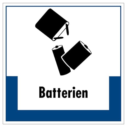 Aufkleber Hinweis Abfallkennzeichnung "Batterien" Müllentsorgung Recycling Schild Folie selbstklebend, blau | 5-40cm Made in Germany, Größe: 10x10 cm von MBS SIGNS