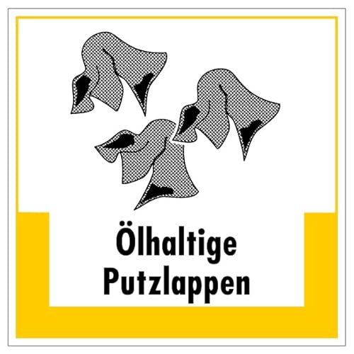 Aufkleber Hinweis Abfallkennzeichnung "Ölhaltige Putzlappen" Müllentsorgung Recycling Schild Folie selbstklebend, gelb | 5-40cm Made in Germany, Größe: 20x20 cm von MBS SIGNS